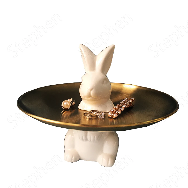 

Cute Rabbit Ceramic Golden Trays Decorative Nordic Modern Jewelry Cosmetic Display Tray Home Afternoon Tea Cake Dessert Stand