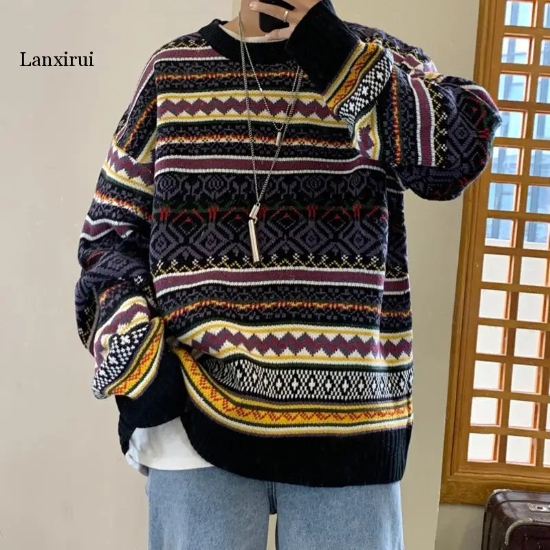 Winter Sweater Men\'s Warm Fashion Retro Casual O-neck Knit Pullover Men Streetwear Knitting Sweaters Male Sweter Clothes M-2XL