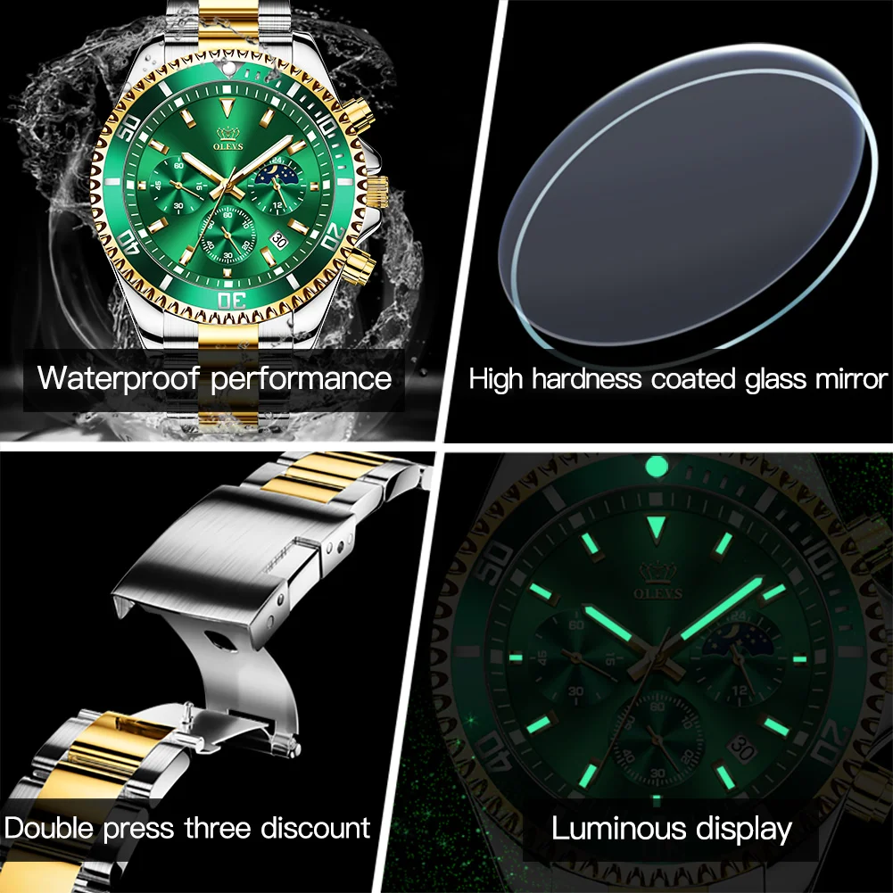 OLEVS Men\'s Watch Quartz Waterproof Luminous Stainless Steel Watch Green Sport Date Moon phase Wrist Watch for Men Reloj hombres