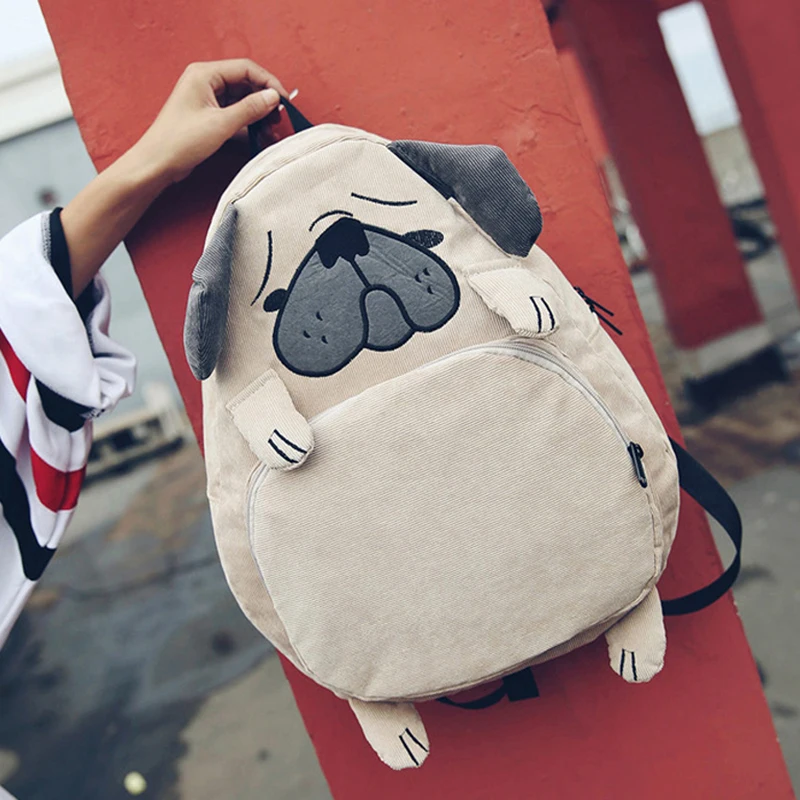 Women Backpack Schoolbag Canvas Cute Dog Fox Ear Embroidery Corduroy Backpack Female Vintage Notebook Backpack For Girls School