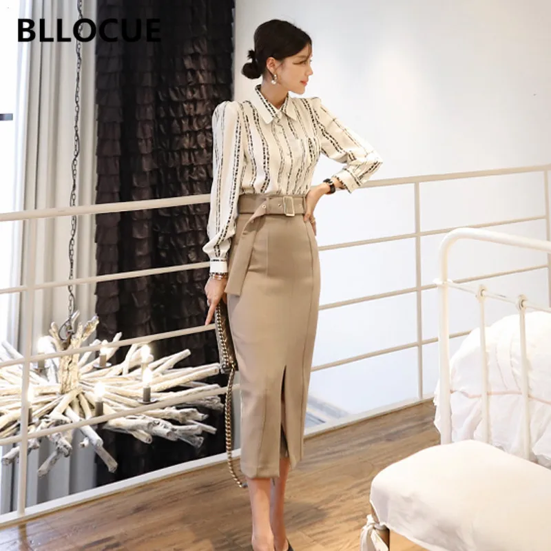 BLLOCUE New 2020 Spring Fashion Suits Women's Elegant Stripe Shirt Blouse and Sashes Split Pencil Skirt 2 Pieces Set