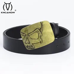 Real 100% Genuine Leather Belts For Men Retro Embossed Skull Buckle High Quality Luxury Cowhide Punk Style Cowboy Gift Strap