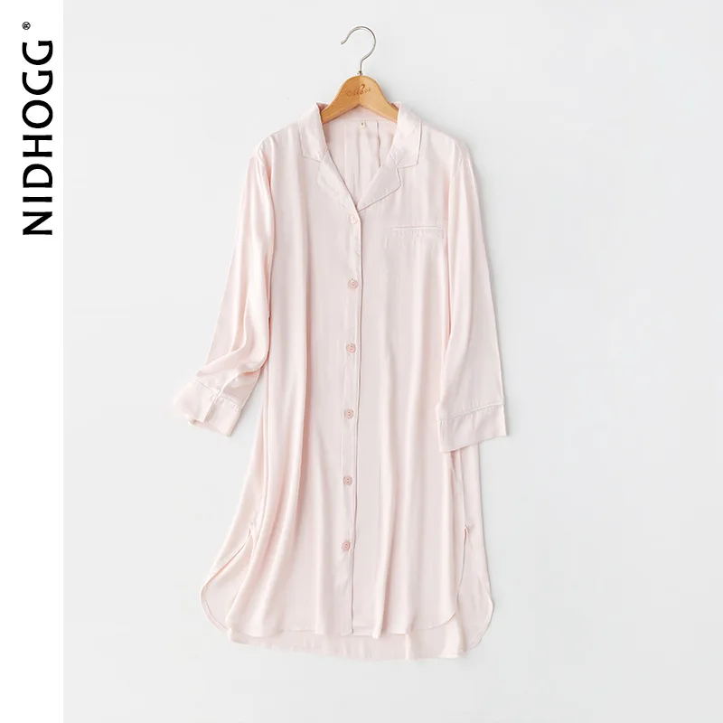 2020 Summer Autumn Nightgowns for Women Long-sleeved Satin Sleepwear Pocket Sleep Dress Solid Viscose Sleep Tops Home Night Wear