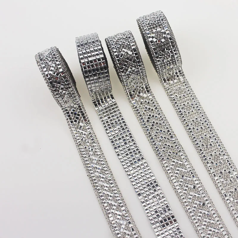 1Yard Iron On Rhinestone Tape Silver Hotfix Crystal Lace Trim Heat Transfer Beaded Chain Ribbons Bridal Dress Belt Banding YY023