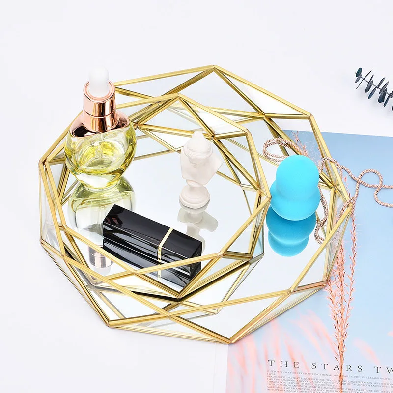 Golden Stroke Glass Storage Tray Nordic Alloy Mirror Cosmetic Jewelry Organizer Trays Home Decor Creative Geometric Ornaments