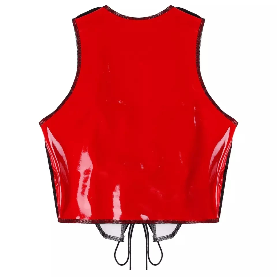 Vrouwen Sexy Diepe U Shiny Lederen Vest Erotische Porno Borst Bloot Glossy Lakleer Hemdje Wetlook Latex Halter Tops Sexi