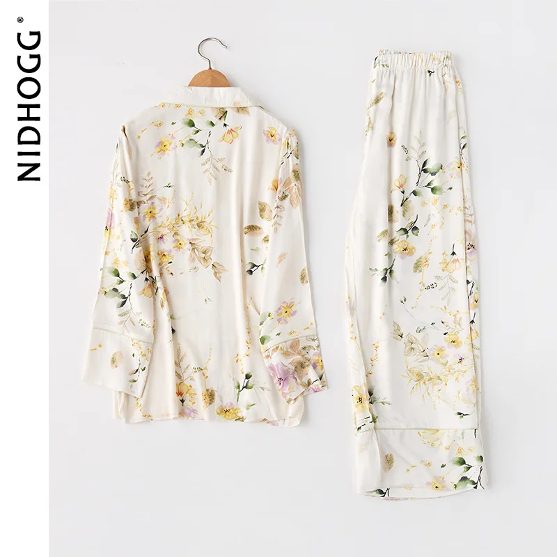 Autumn Satin Lapel Pajamas Viscose Long Sleeve Long Pants Pijamas Fresh Elegant Rose Flower Printing Sleepwear White 2 Piece Set