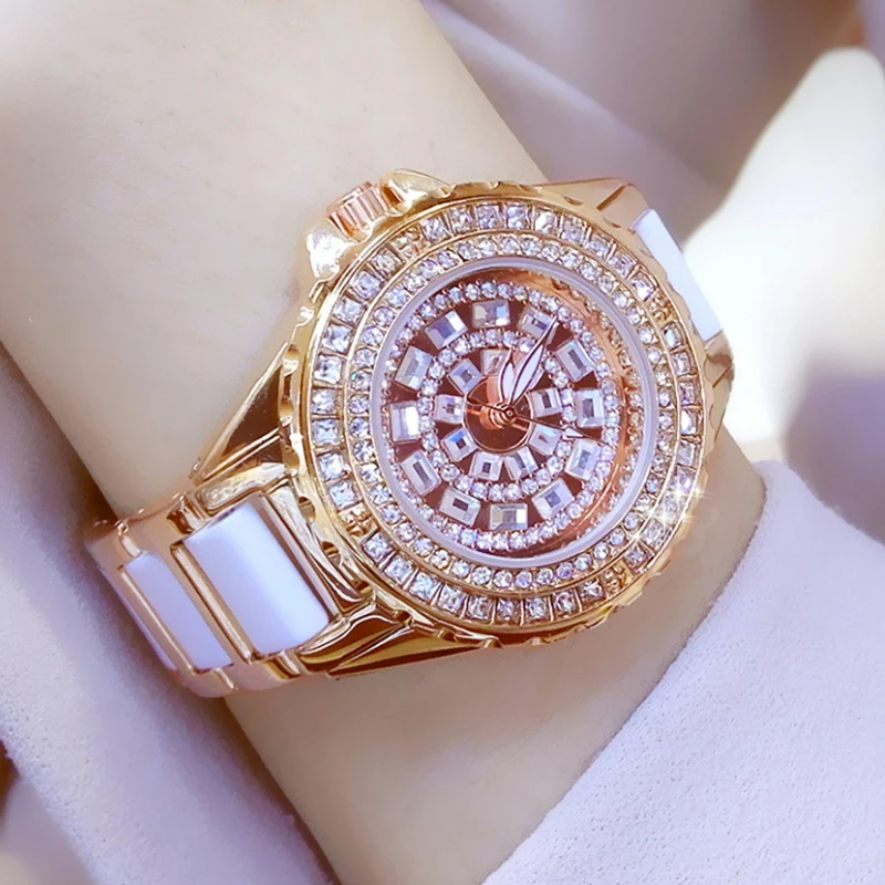 Reloj de cuarzo de lujo para mujer, de oro rosa, de cerámica, femenino