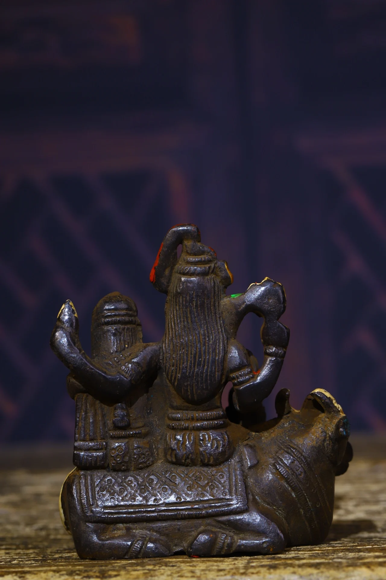 

4"Tibetan Temple Collection Old Bronze Painted Durga Guanyin Trunk God of Wealth Four Buddhas Sitting cow statue Town House