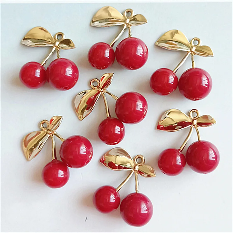 10 Pcs Red Cherry Pendant Alloy Gold Leaf Ornaments for Earrings Choker Hair Necklace DIY Jewelry Accessories Handmade Crafts