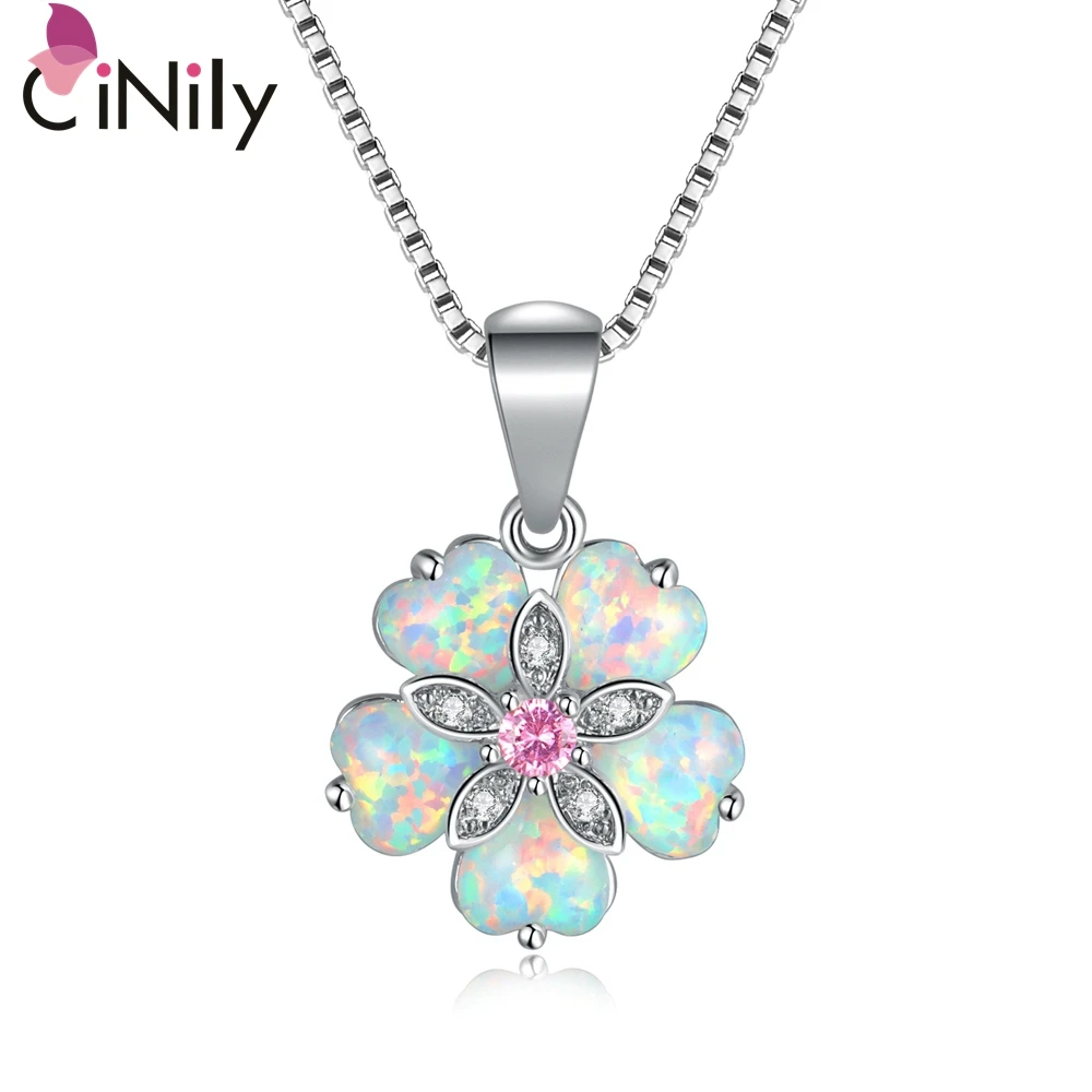 

CiNdy White Fire Opal Pink Stone Necklace Flower Silver Plated Chain Zircon Pendant Charm Summer Jewelry Female Gift