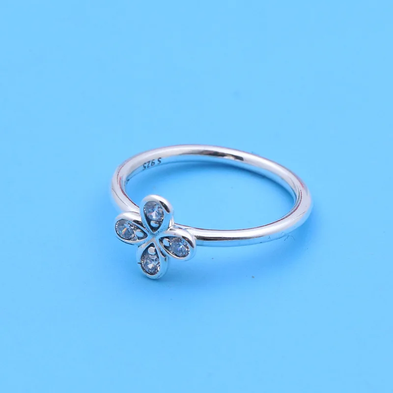 Originele 925 Sterling Zilver Pan Ring Vier-Bloemblaadje Bloem Ringen Met Crystal Voor Vrouwen Wedding Party Gift Fijne Sieraden