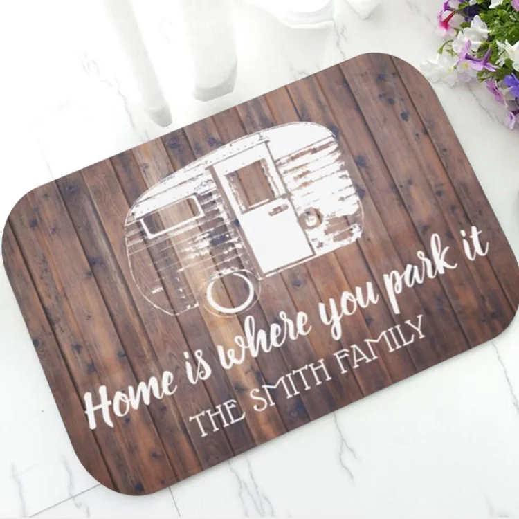 Home is Where We Park It Rustic Wood Family Camper Door Mat Personalised Happy Campers Camping Trailer Van Doormat Rug Carpet