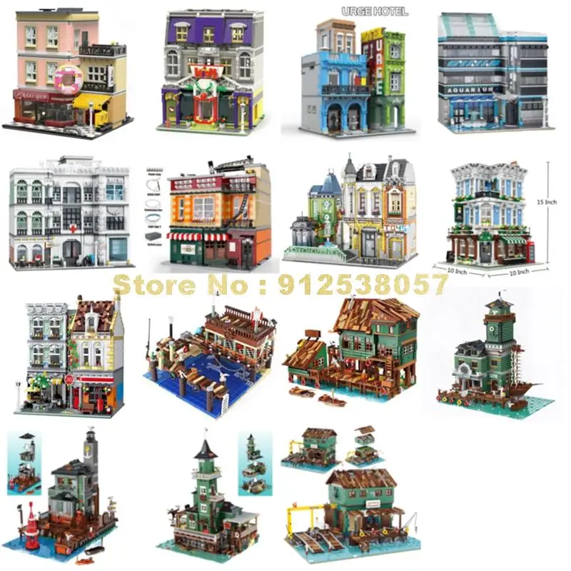 Street View Hotel Bar Post Office Aquarium Hospital Fishing Pier Lighthouse Shop Building Blocks Toy