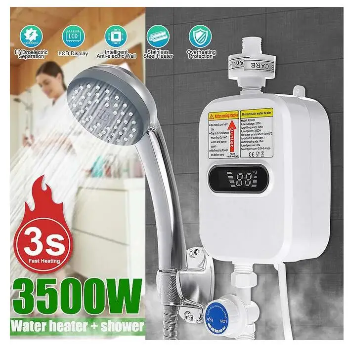 RX-21,3500W Instant Electric Water Heater 3S Heating Bathroom Kitchen Tankless Water Heater Temperature Display Heating Shower