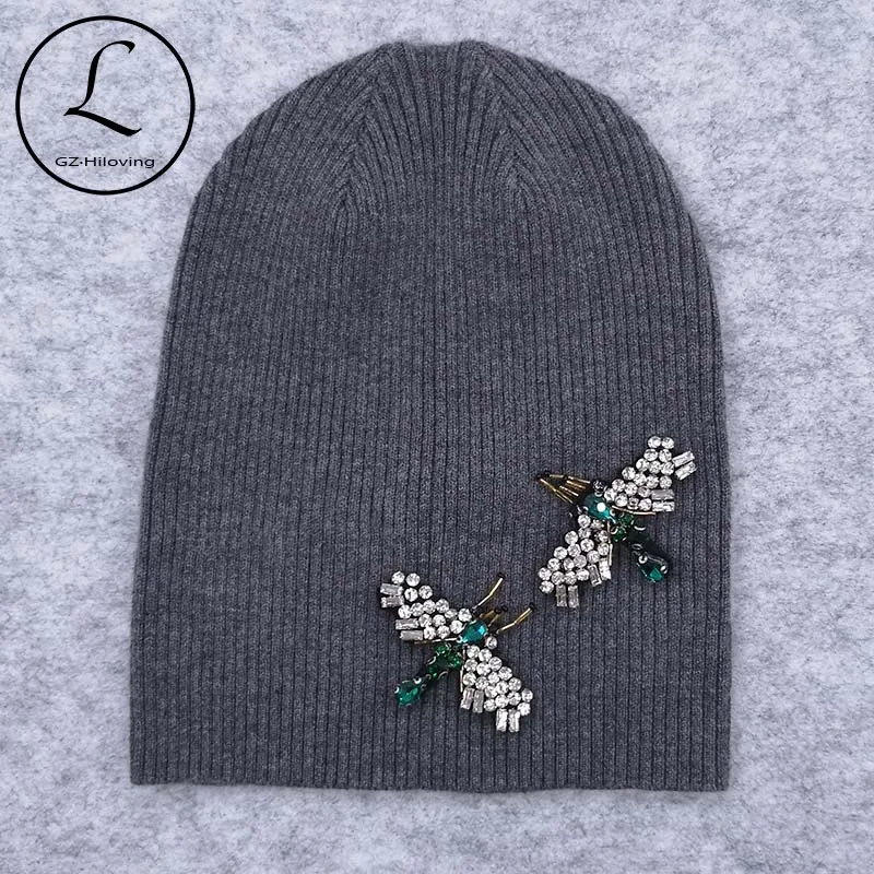 GZHilovingL Women Bug Rhinestones Knitted beanies Hats Soft Cotton Wool Stretch Ribbed Skullies Hats And Caps For Female Girls