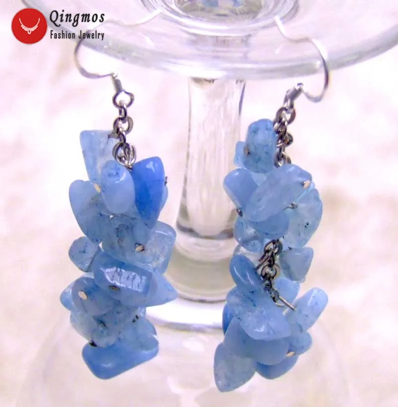 

Qingmos Natural Blue Aquamarine Earring for Women with 8-9mm Baroque Stone Earring Grape Dangle Earring Jewelry Silver 925 Hook