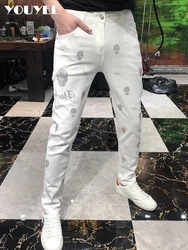 Hip Hop Skinny White Pencil Pants News Streetwear Slim zipper Men Jeans Homme Diamonds Skull Style Male  Biker  Patch Pants