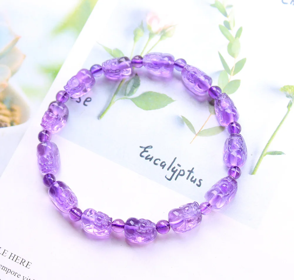 

Natural Purple Amethyst Quartz Pi Xiu Bracelet Brazil 10x8mm Clear Beads Carved Amethyst Quartz Women Men Crystal AAAAA