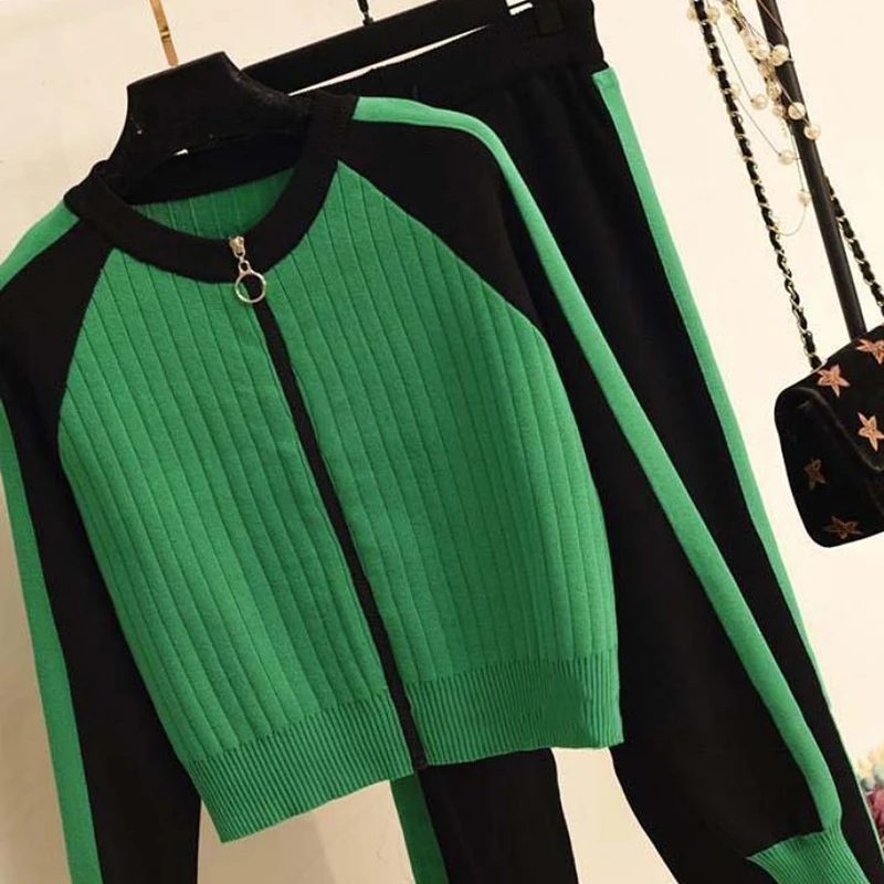 Элегантный женский высококачественный зеленый костюм, модный винтажный Женский вязаный жакет, повседневные женские мягкие костюмы, шикарные для девушек, 2020