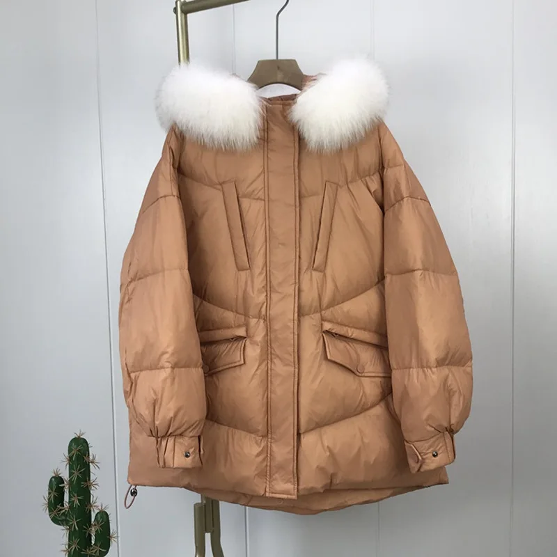 Piumino bianco invernale da donna 2021 New Fashion donna medio autunno lungo oversize spesso collo di pelliccia grande giacca casual calda donna