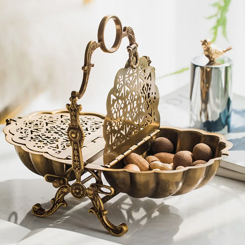 Creative Brass Carved Double Grid Folding Fruit Plate Candy Storage Tray Kitchen Jar Storage Home Jewelry Decor Ornaments