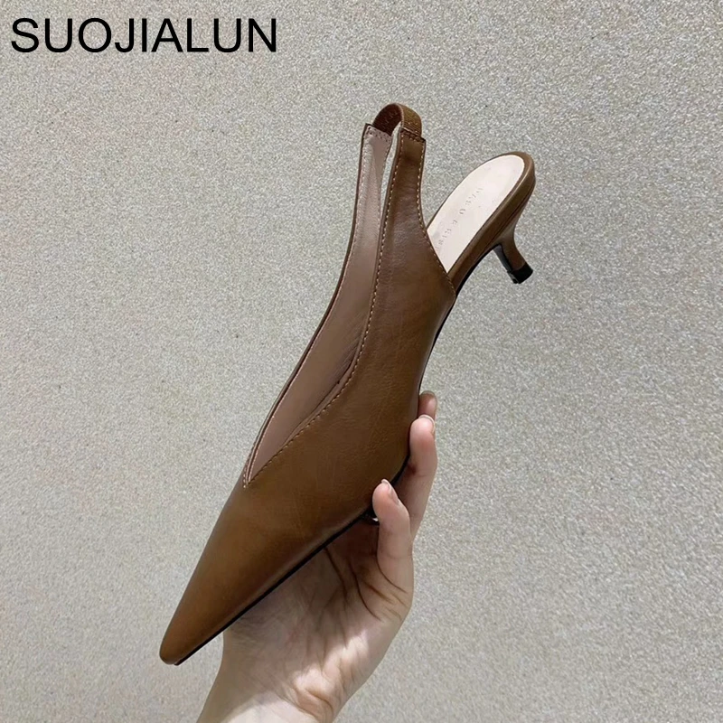 SUOJIALUN Fashion Brand Sandals Mules Women Shallow Mouth Pointed Toe Shoes Low Heel Slip On Slides Slipper Shoes