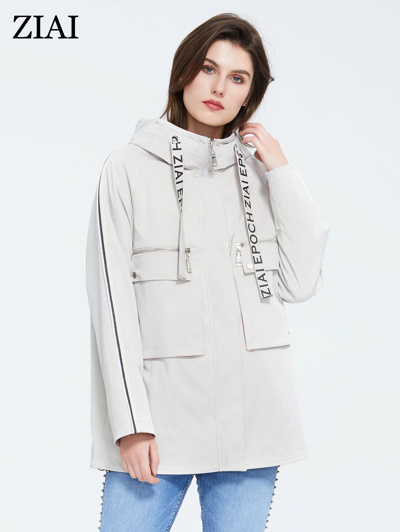 ZIAI 2022 Women jacket spring short hooded Drawstring letters coat Long sleeve female coat casual top brand stock ZS-3081