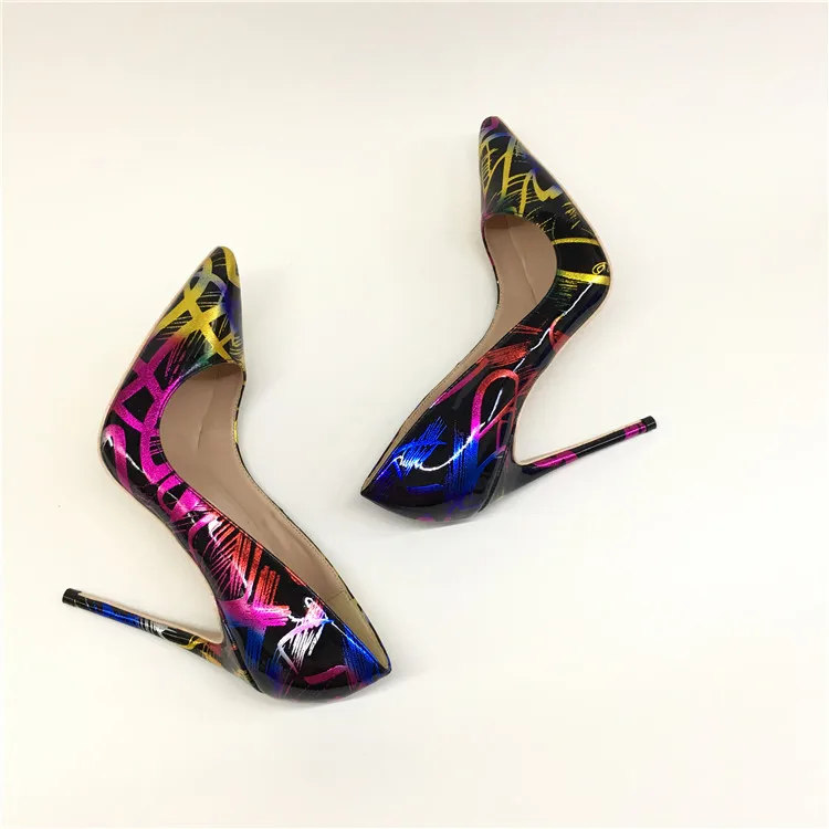 Sexy women thin high heels patent women pumps party shoes printed dress heels 12cm heels