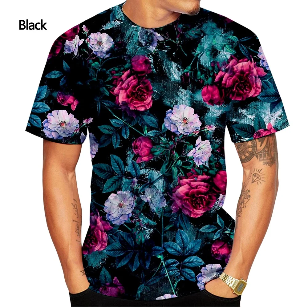 Rose T-shirt Men\'s Fashion 3D Printing T-shirt Summer Casual Short Sleeve Flower Shirt Top