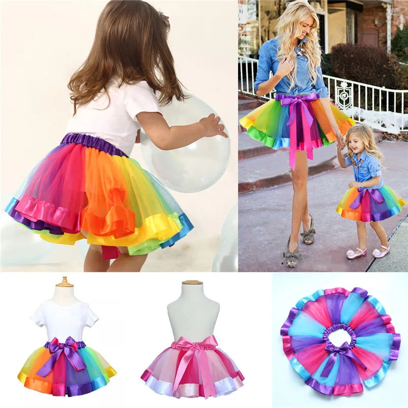الأسرة مطابقة وتتسابق الأم ابنة الحلو الدانتيل قوس قزح نمط صغيرة قصيرة توتو تنورة فستان حفلة الأميرة هدية عيد ميلاد