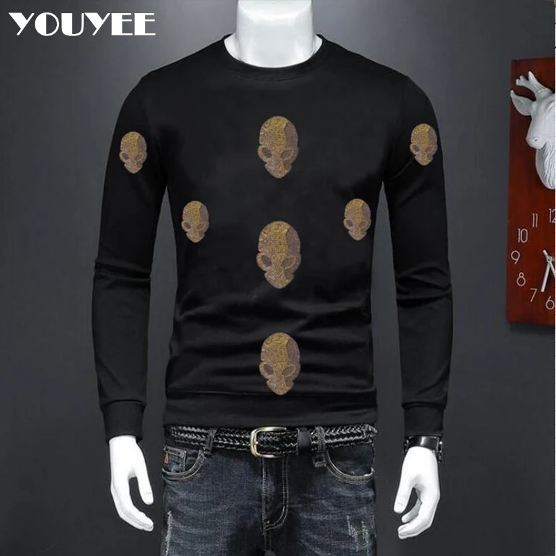 

Hoodies Plush Thermal Male Pullover Rhinestone Streetwear 2021 Winter New Trend Cotton Casual Sweater Loose Size Men‘s Clothing