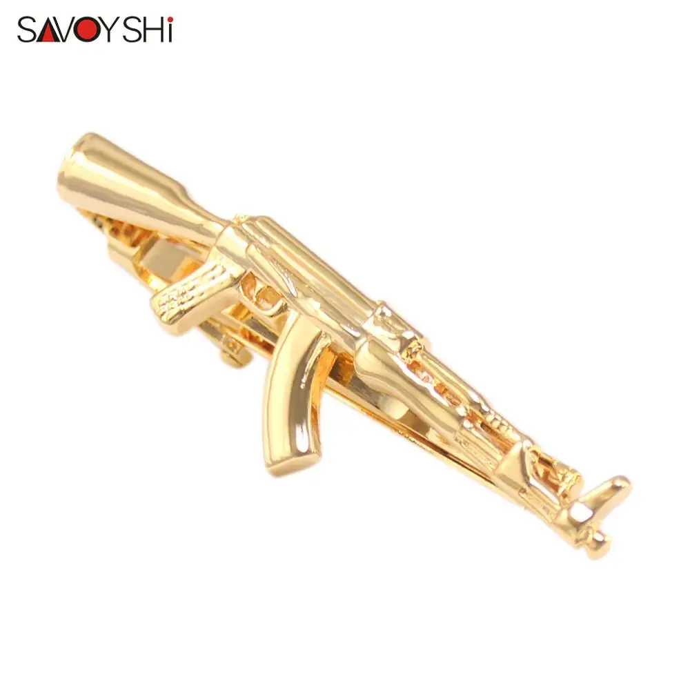 SAVOYSHI Quality Gold-color AK-47 Gun Tie Clips for Mens Necktie Clamp Clasp Accessories Gift Brand Jewelry Free carving name