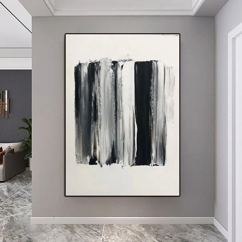 

Pure Hand Painted Thick Knife Black White Abstract Oil Paintings Canvas Modern Hotel Wall Pictures Acrylic Art Room Decoration