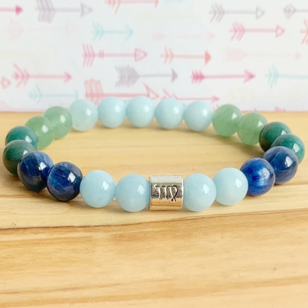 MG1303 Women`s Virgo Zodiac Bracelet Natural Gemstone Yoga Mala Bracelet AAA Grade Blue Kyanite Green Aventurine Bracelet