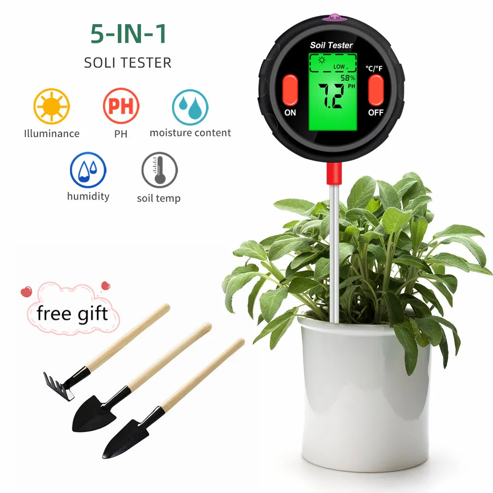 

5 in 1 Soil Ph Meter Soil Tester PH Moisture Meter Temperature Sunlight Intensity Humidity Tester Backlit LCD Display For Garden