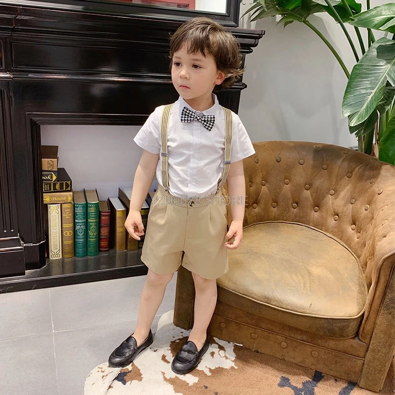 

Kids Strap+Shirt+Shorts+Bowtie Clothing Set Boys Formal School Uniform Children Wedding Birthday Dress Piano Performance Costume