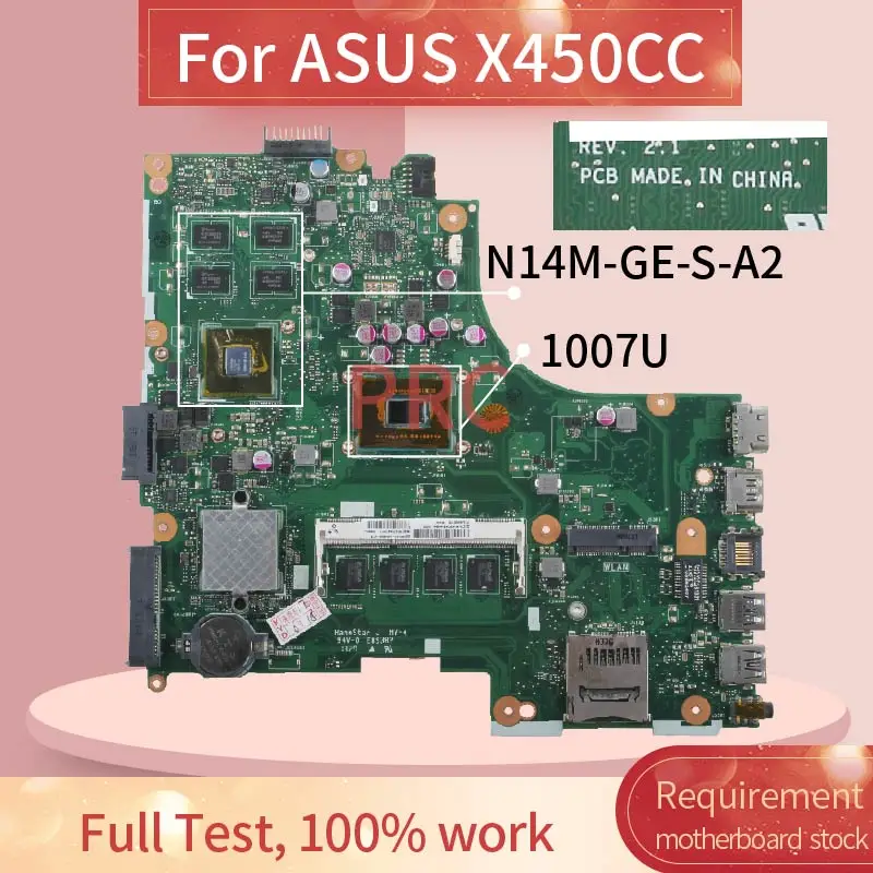 Placa-mãe portátil para ASUS, X450CC, X450C, X450, 1007U, REV.2.1, N14M-GE-S-A2, DDR3, Notebook Mainboard