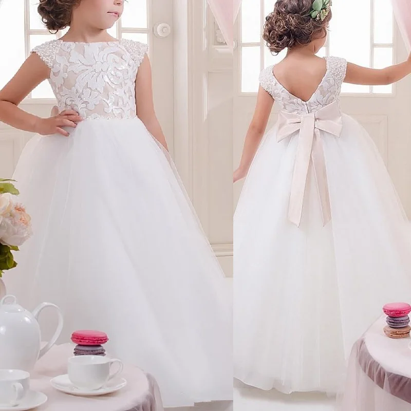 Kwiatowe sukienki dla dziewczynek Off Shoulder Tulle suknie ślubne dla dzieci elegancka mała dziewczynka suknie na konkurs piękności