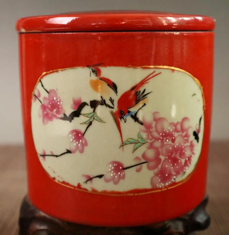 China Red glaze ceramic flowers bird Cricket jar crafts statue