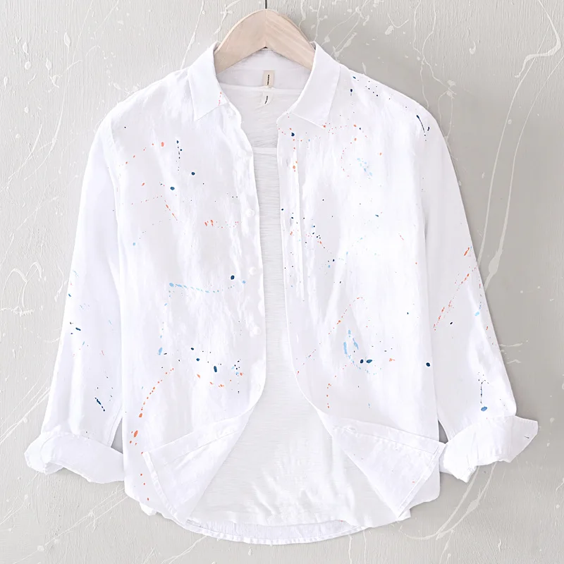 

Men's 100% Linen Shirts Long Sleeve Slim Fit Dotted Art Dress Shirt Men High Quality Social Business Shirts Male Camisa TS-533