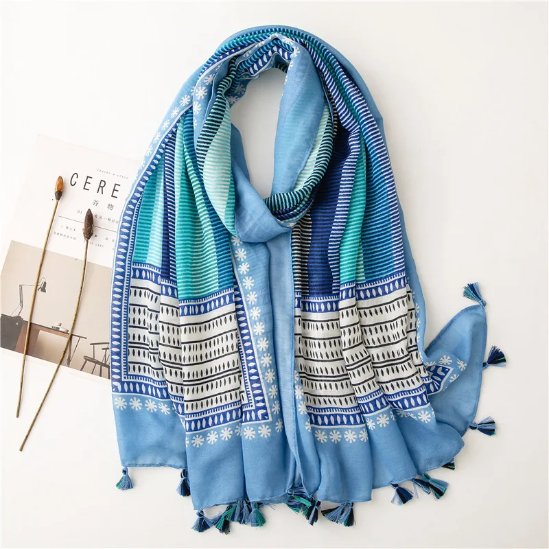 2021 Hot Cotton Geometry Print  Tassel Scarves Shawls Long Soft Beautiful Beach Scarf Wrap Head Hijab Free Shipping