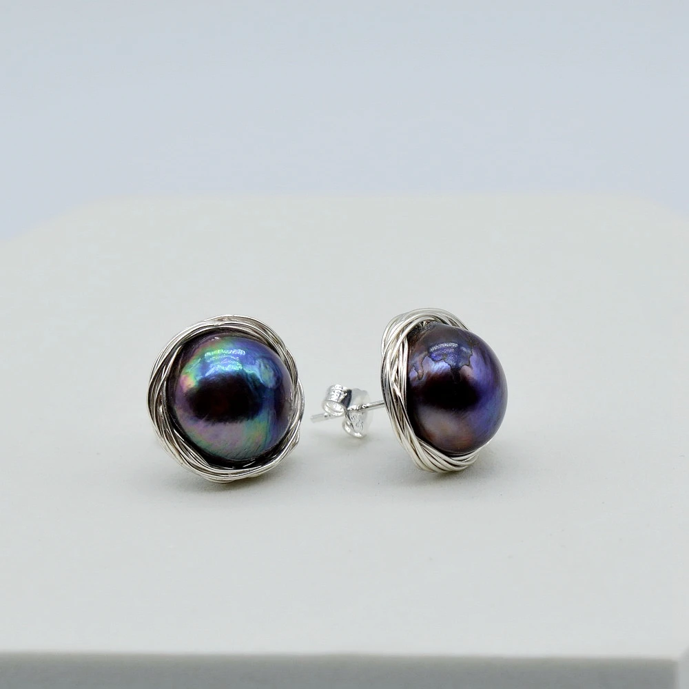 Black Pearl Stud Earrings Natural Pearl Silver Stud Earrings Irregular Baroque Stud Earrings Handmade Women\'s Stud Earrings