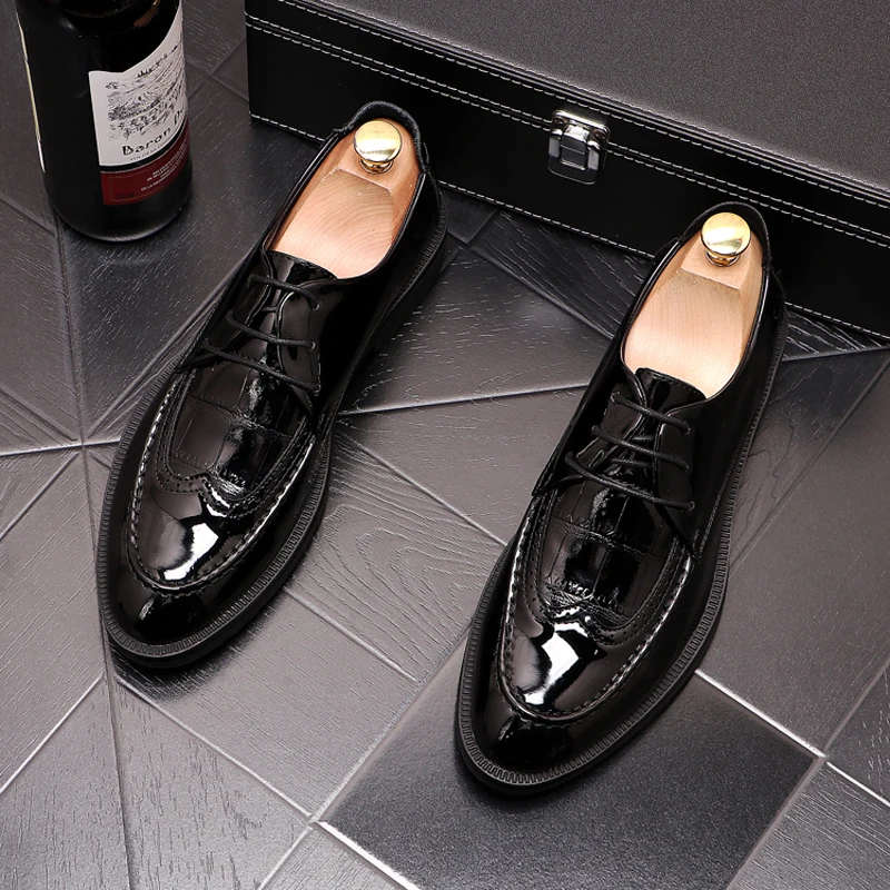 

italian brand designer men fashion patent leather shoes lace-up derby shoe party prom dress breathable carving brogue footwear