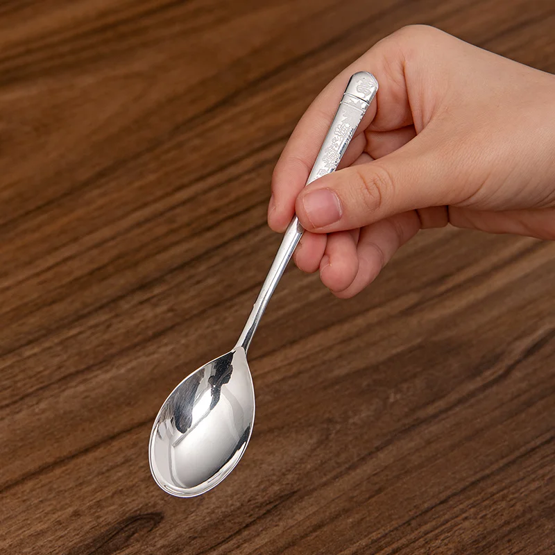 Silver Spoon 999 Pure Silver Spoon Spoon Long Handle Printing Household Children's Tableware Spoon Gift