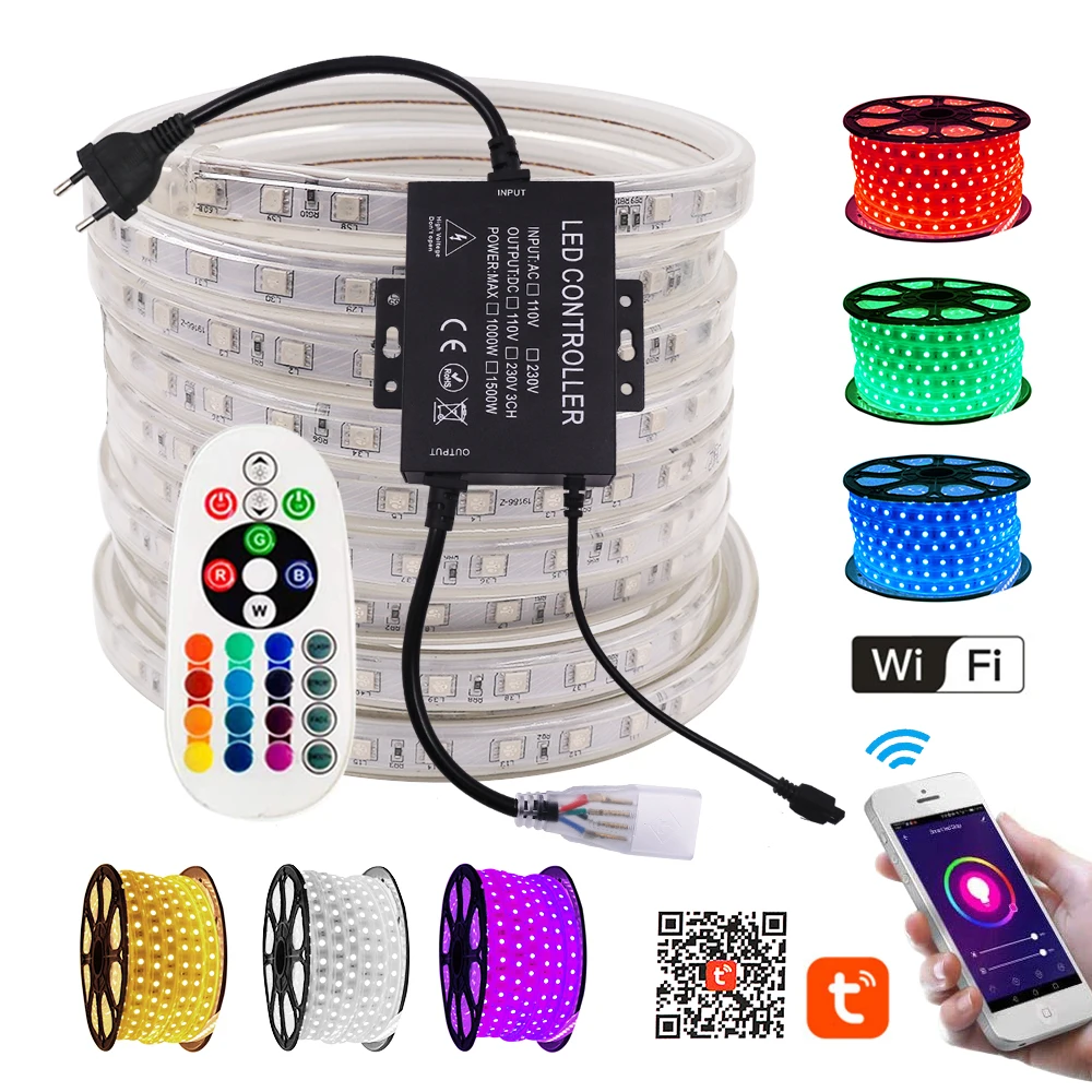 

110V 220V RGB LED Strip With Remote Control SMD5050 60Leds/m WIFI Led Tape Ribbon IP67 Waterproof Led Light Strip Lamp EU/US/UK