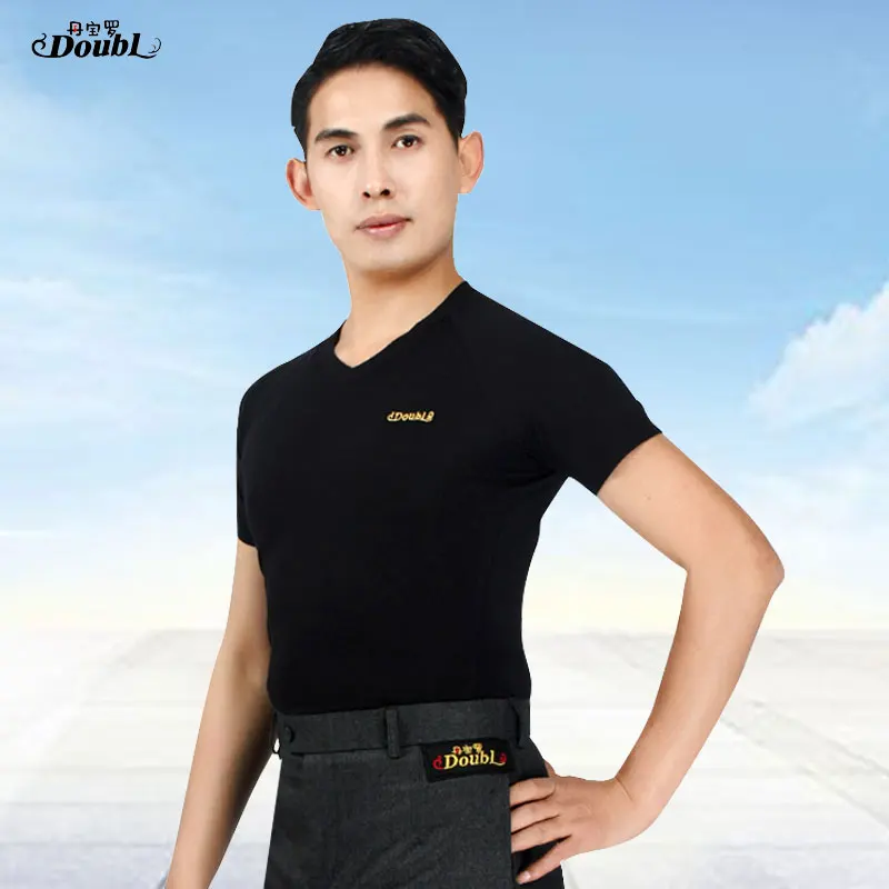 Doubl Men's Dance Tops เครื่องแต่งกายผู้ใหญ่ละติน T เสื้อ V คอสั้น Modern มาตรฐานสีดำสวมใส่สบายเสื้อผ้า