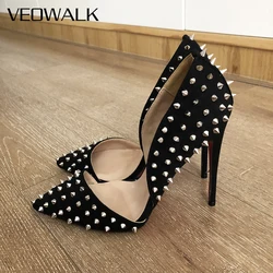 Veowalk Full Spikes Rivets Women Flock Sexy D'Orsay Pointy Toe Stiletto Pumps Faux Suede Designer High Heel Shoes 8cm 10cm 12cm