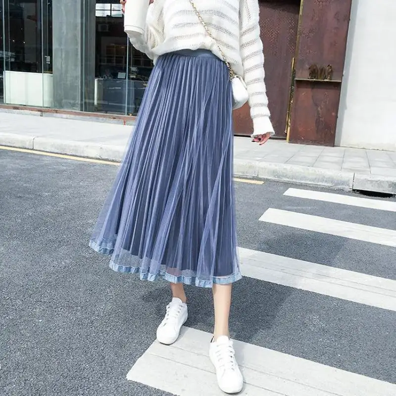 

2024 Autumn Winter New Elastic High Waist Slim Solid Mesh Pleated Skirt Casual Large Skirt Mid-length A-line Skirt Free Shipping