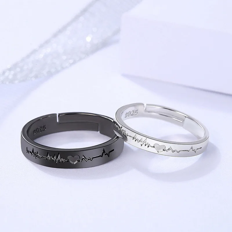 2Pcs Love Heart Electrocardiogram Couple Open Rings For Women Men Lover Black Silver Color Engagement Wedding Valentine'Day Gift